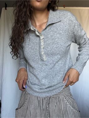 Mijeong Park Light Gray Lace-Trim Knit Polo Sweater